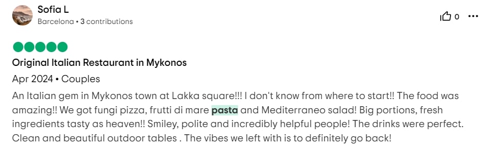 review of mykonos mediterraneo's fresh pasta